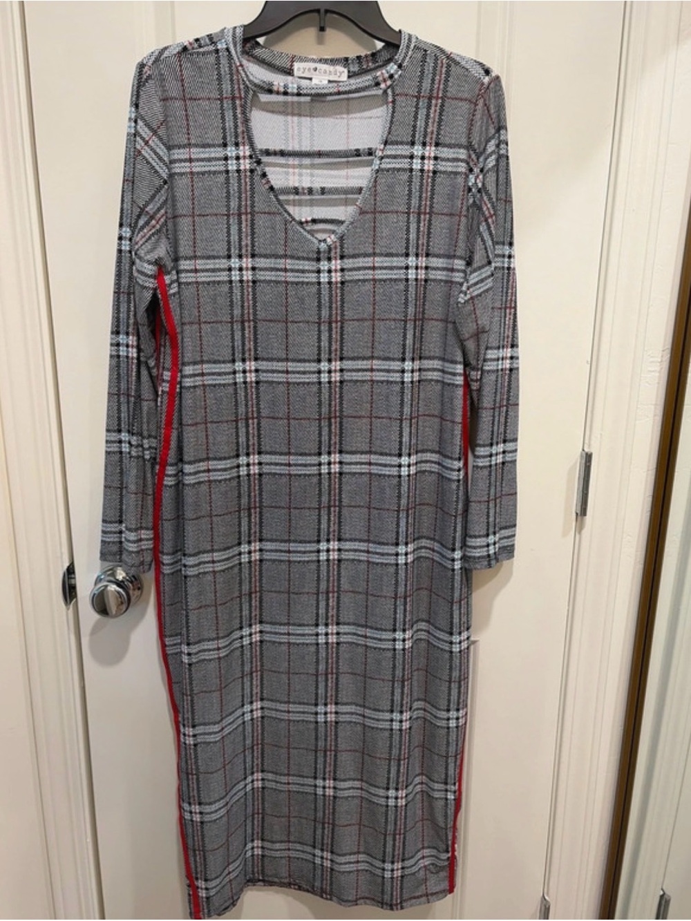 eye candy Gray Plaid Long Sleeve Midi Dress with Red Side Panels